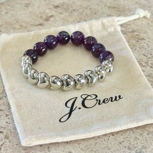 j crew silver puff heart and amethyst beaded stretch bracelet